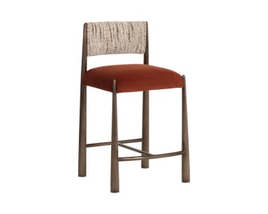 A modern bar stool with a tall backrest and a cushioned seat. The frame is constructed from metal with a brushed finish. The seat is upholstered in a dark rust-colored velvet fabric. The backrest features a distinct textile pattern in light beige and brown tones. — 3D model