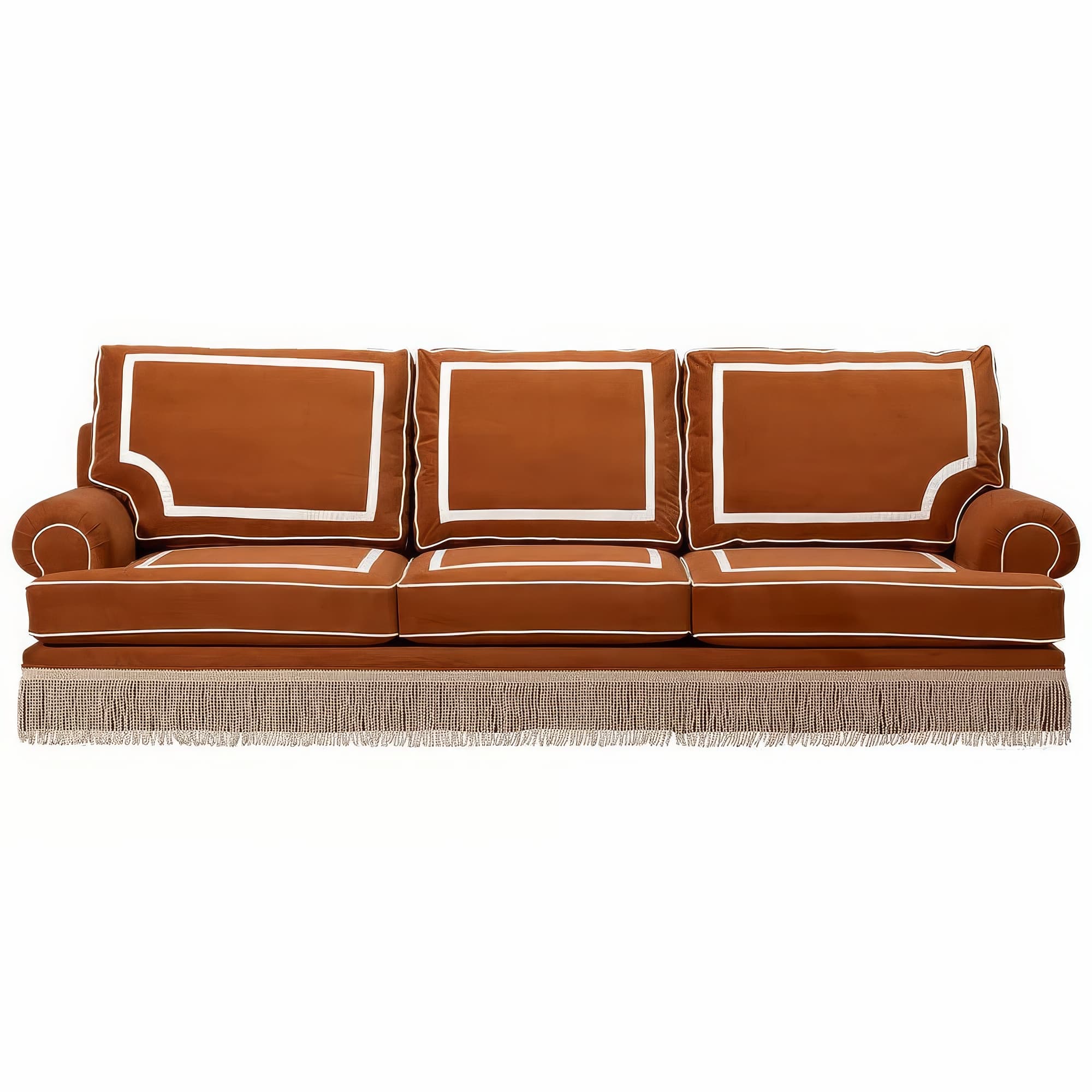 A three-seater sofa with a dark orange upholstery. The sofa features plush seat cushions and three rectangular back cushions, each outlined with contrasting white piping. The armrests are rounded and also feature white piping. A decorative fringe of light beige threads hangs along the bottom front of the sofa. — 3D model