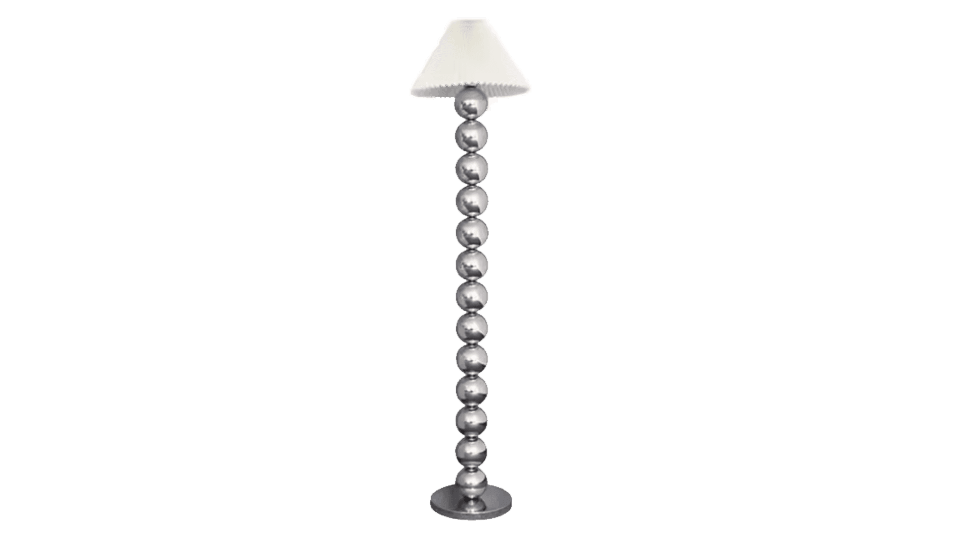 A floor lamp with a stacked spherical base and stem, topped with a white pleated lampshade. The base is a circular, flat disk. The stem is constructed from a vertical series of uniformly sized, polished spheres. The lampshade is conical with a ruffled edge. — 3D model