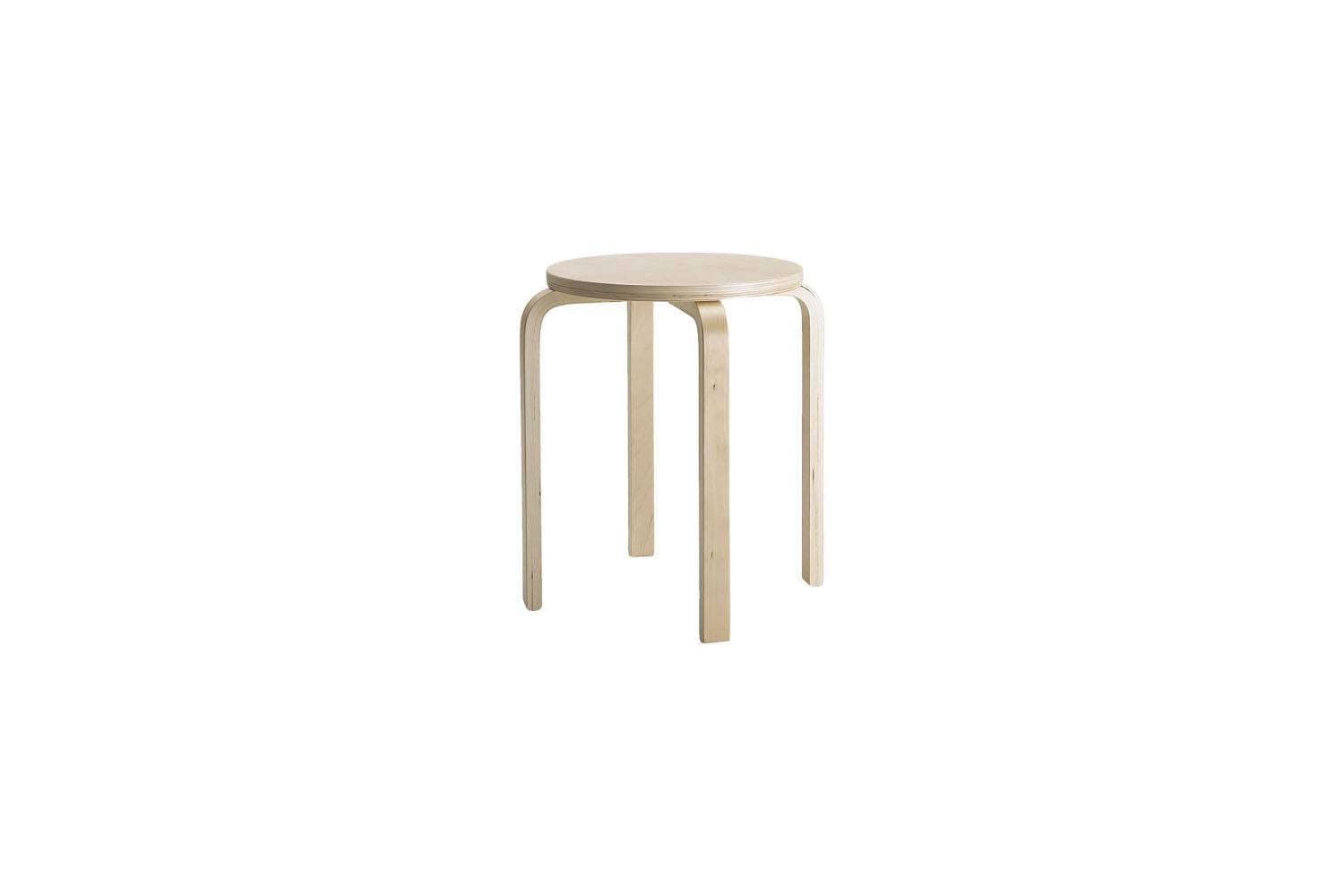 A stool with a round seat and three curved legs made of bent plywood. The stool has a natural wood finish. — 3D model