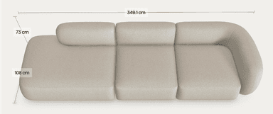 A modern sectional sofa in a light beige textile, featuring a chaise lounge on one end and a multi-seat sofa component with a rounded armrest on the other. The design appears modular with distinct back cushions and a low profile. — 3D model