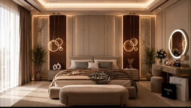A modern upholstered platform bed featuring a low-profile design with an integrated, padded headboard. The bed is covered in a light, neutral beige or taupe fabric, providing a soft and luxurious appearance. The mattress rests directly on the platform, and the bedding includes decorative pillows with checkered patterns and a light brown throw blanket. The overall aesthetic is clean, contemporary, and luxurious, designed for a comfortable and stylish bedroom. — 3D model