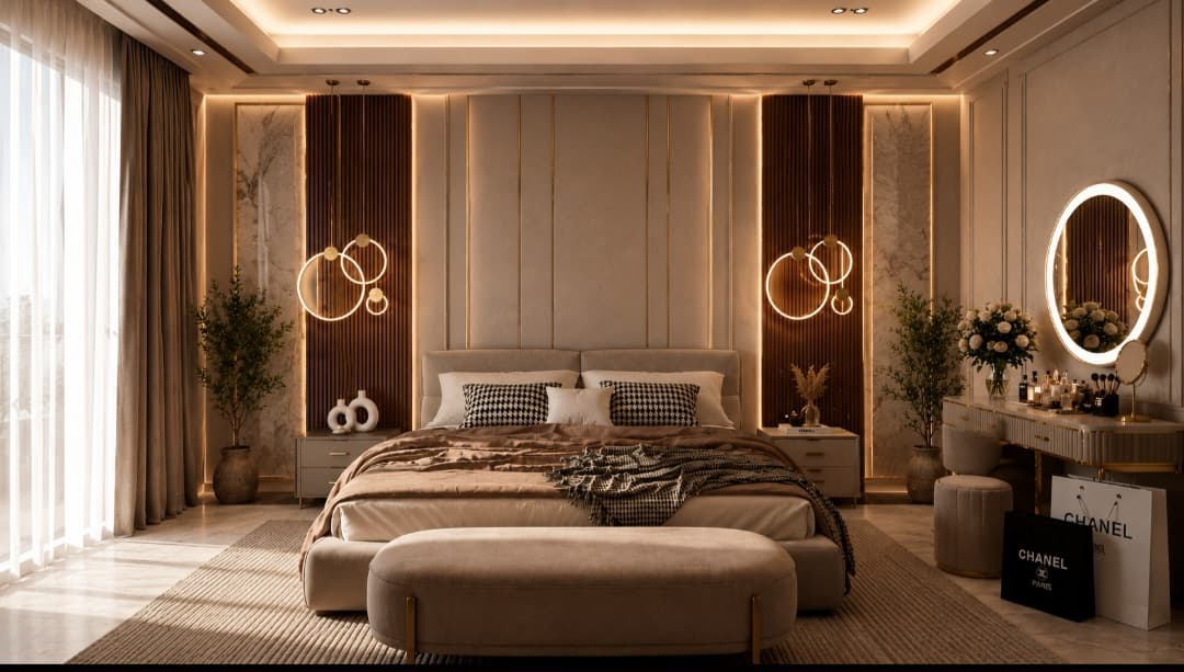 A modern upholstered platform bed featuring a low-profile design with an integrated, padded headboard. The bed is covered in a light, neutral beige or taupe fabric, providing a soft and luxurious appearance. The mattress rests directly on the platform, and the bedding includes decorative pillows with checkered patterns and a light brown throw blanket. The overall aesthetic is clean, contemporary, and luxurious, designed for a comfortable and stylish bedroom. — 3D model