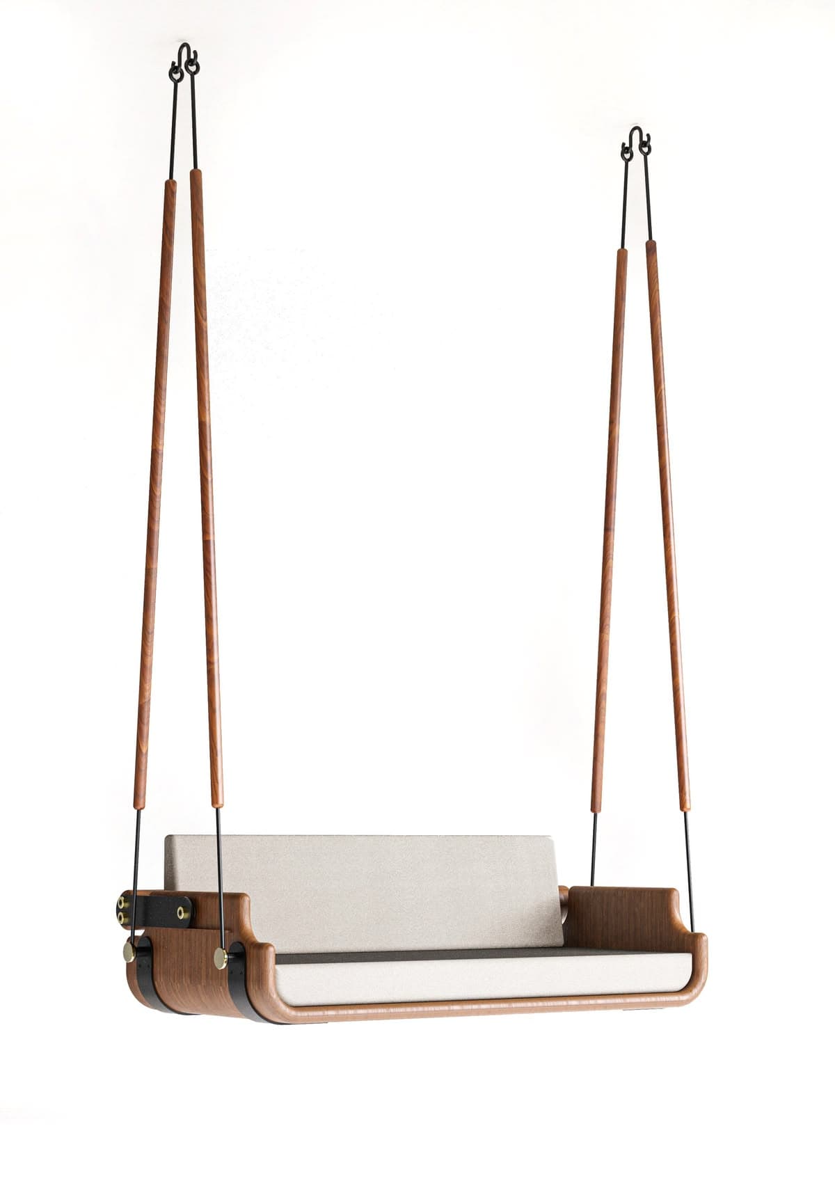 A modern suspended bench, featuring a curved bentwood frame with upholstered cushions. It hangs from the ceiling via black metal rods encased in tapered wooden dowels, secured by brass-colored hardware. The design emphasizes clean lines and a minimalist aesthetic. — 3D model