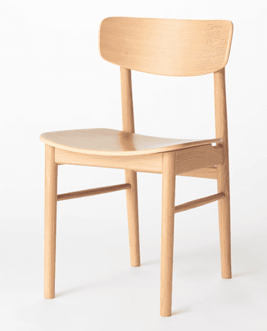 An armless dining chair constructed entirely from light-toned wood, likely oak or ash, with a natural finish. It features a gently curved backrest and a contoured seat, supported by four round, tapered legs reinforced with horizontal stretchers. — 3D model