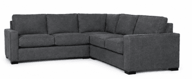 A contemporary L-shaped sectional sofa upholstered in a dark gray textured fabric, featuring clean lines, block arms, and multiple loose seat and back cushions resting on low-profile dark feet. — 3D model