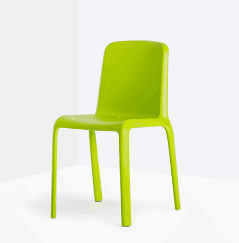 A modern, molded plastic chair with a bright green finish. The chair features a seamless design with a curved backrest and seat, supported by four straight legs that taper slightly towards the base. The overall form is minimalist and stackable. — 3D model
