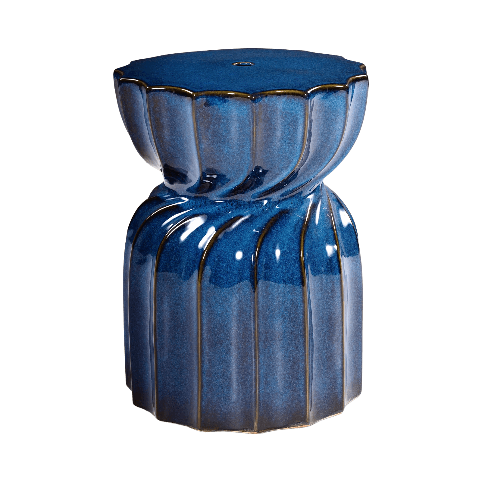 A ceramic garden stool with a fluted, twisted design. The stool has a glossy, iridescent blue glaze with a metallic sheen, and the edges of the fluting are accented with a darker trim, possibly bronze or dark brown. The top surface is flat and circular with a small central indentation. The base is also circular and slightly wider than the mid-section. — 3D model