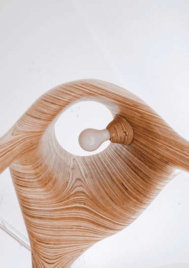 A contemporary bar stool with an organic, sculpted form. The stool features a high back and appears to be constructed from layered bentwood or plywood, showcasing a distinctive wood grain pattern. Its structure is characterized by flowing lines and open negative spaces, creating a visually dynamic and lightweight appearance. The stool has four legs that taper towards the floor. — 3D model
