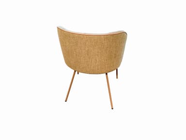 A view from the back of an upholstered armchair with a curved backrest. The chair has thin, tapered metal legs and is trimmed with a thin piping detail along the top edge of the backrest. — 3D model