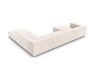 A modular sectional sofa with a U-shaped configuration. It features multiple seating modules and chaise lounges, upholstered in a light-colored, textured fabric. The design is contemporary with clean lines and prominent stitching detail along the edges. — 3D model