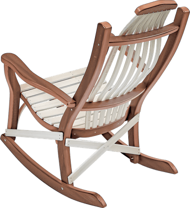 A robust rocking chair designed with an Adirondack aesthetic, featuring a two-tone construction. The frame is a dark brown, possibly wood or wood composite, while the seat and backrest consist of lighter, cream-colored slats. The backrest slats are vertically oriented and gently curved for ergonomic support, and the seat slats are arranged horizontally with a slight contour. Broad, curved armrests provide comfort, and the base incorporates traditional rocking runners. — 3D model