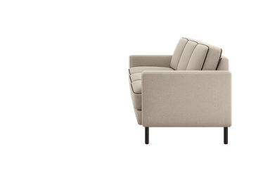 A contemporary three-seater sofa featuring light beige fabric upholstery. It has clean lines with straight track arms and a minimalist silhouette. Both the seat and back cushions are defined by black piping along their edges, providing a subtle contrast. The sofa is supported by four slender, cylindrical black metal legs. — 3D model