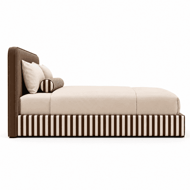 A contemporary upholstered platform bed featuring a two-tone headboard and a distinctive striped bed base. The headboard's exterior is a warm brown, with the front and rear panels in a contrasting dark brown or black. The bed base is adorned with vertical cream and brown stripes, providing a bold visual element. The bed includes a mattress and pillow, both in a light beige or cream color, complementing the base. — 3D model