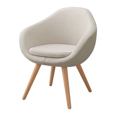 A contemporary accent chair featuring a rounded, tub-style upholstered seat and backrest, supported by four splayed wooden legs. The upholstery is a light beige or cream-colored fabric, and the chair includes a removable seat cushion. — 3D model