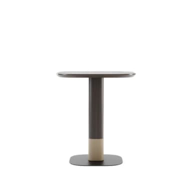 A modern side table featuring a dark wood finish on its tabletop and upper pedestal, contrasted with a lighter, textured material on the lower pedestal, all supported by a flat, dark rectangular base with rounded corners. — 3D model