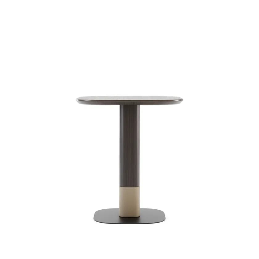 A modern side table featuring a dark wood finish on its tabletop and upper pedestal, contrasted with a lighter, textured material on the lower pedestal, all supported by a flat, dark rectangular base with rounded corners. — 3D model