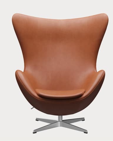 An iconic Mid-Century Modern swivel lounge chair, known as the Egg Chair, featuring a sculptured shell upholstered in rich brown leather, resting on a polished four-star metal base. — 3D model