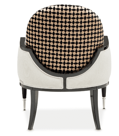 A contemporary barrel-back accent chair featuring a glossy black lacquered wood frame and striking geometric patterned upholstery. The chair's back and sides are encased in a lighter, solid-colored fabric, while the inner backrest cushion boasts a bold black and beige rhomboid pattern. The legs are tapered, finished in black lacquer, and fitted with metallic silver caps. — 3D model