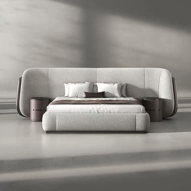 A modern, low-profile upholstered bed system featuring a wide, curved headboard with integrated circular nightstands. The bed frame and headboard are covered in a light grey textured fabric, while the nightstands and the outer, curved edges of the headboard feature a contrasting dark brown finish. The bed is presented with white and brown bedding. — 3D model