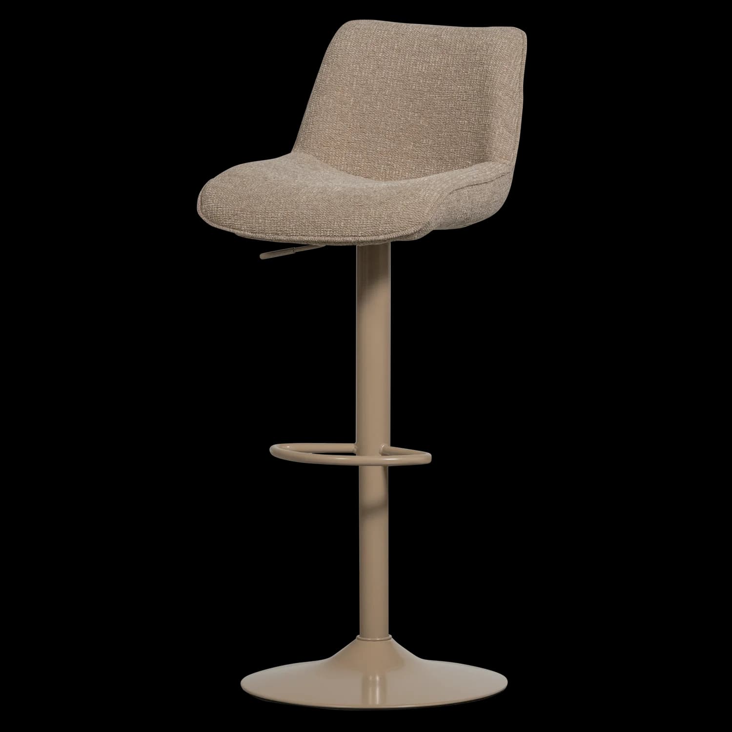 A contemporary bar stool featuring a comfortable upholstered seat and backrest, mounted on a sleek metal pedestal base with an integrated footrest and swivel mechanism. — 3D model