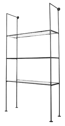 A tall, multi-tiered shelving unit with an industrial or modern design. It features a slender metal frame supporting four horizontal shelves. The shelves appear to be made of a wood-like material with a gray finish. The top of the unit has two circular elements that might be for wall mounting. — 3D model