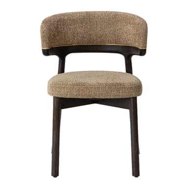 A modern upholstered chair with a dark wood frame and a curved backrest. The seat and backrest are upholstered in a textured, speckled fabric. A thin gold trim detail accents the top edge of the backrest. The chair has four tapered legs. — 3D model
