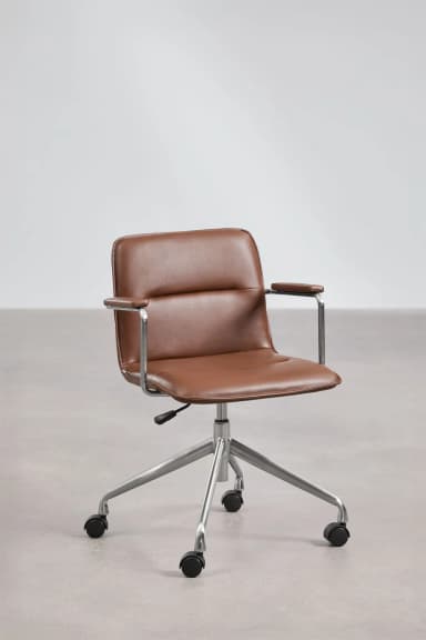 A modern office chair with a low-back design, featuring a brown leather seat and backrest, supported by a polished metal frame and a five-star base with casters. The armrests are also made of polished metal with brown leather pads. — 3D model