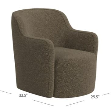 A contemporary barrel-shaped accent chair, fully upholstered in a textured, nubbly boucle fabric in a neutral brown or taupe color. It features integrated, rounded armrests and backrest, creating a seamless, inviting silhouette. The chair is presented with explicit dimensions of 33.5 inches in depth and 29.5 inches in width, indicating a compact footprint. — 3D model