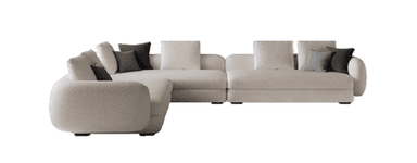 A large, modern L-shaped sectional sofa consisting of multiple modular units, upholstered in a textured, off-white bouclé fabric. The sofa features a low-profile design with subtly rounded edges on the armrests and base. It includes several square back cushions and a set of smaller, contrasting dark grey throw pillows for added comfort and style. The modular construction suggests flexibility in configuration. — 3D model