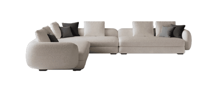 A large, modern L-shaped sectional sofa consisting of multiple modular units, upholstered in a textured, off-white bouclé fabric. The sofa features a low-profile design with subtly rounded edges on the armrests and base. It includes several square back cushions and a set of smaller, contrasting dark grey throw pillows for added comfort and style. The modular construction suggests flexibility in configuration. — 3D model