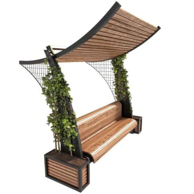 A modern outdoor bench featuring a slatted wooden seat, integrated planters at either end, and a dark metal frame. The frame supports an overhead canopy made of curved wooden slats and includes trellises up which greenery (likely ivy) grows from the planters. — 3D model