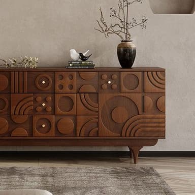A long, dark wood credenza or sideboard featuring a highly decorative facade composed of various geometric shapes, including circles, squares, and arcs, arranged in an abstract, relief pattern. It stands on four splayed, tapered legs and has small brass circular knobs on some of the drawer fronts, suggesting multiple storage compartments behind the artistic design. — 3D model