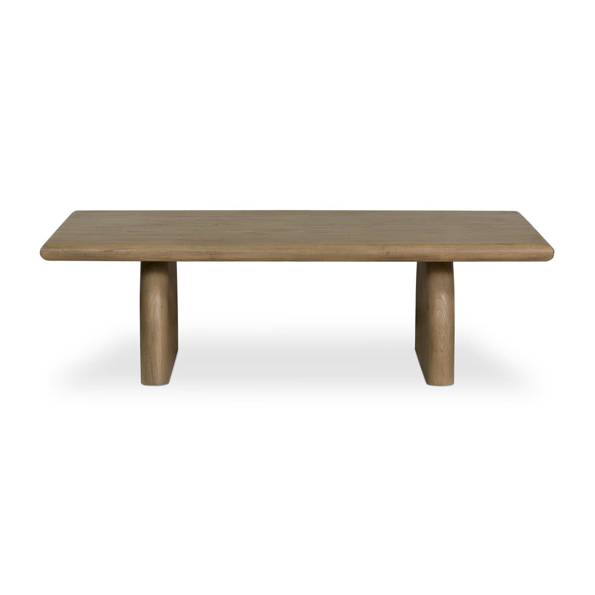 A low rectangular coffee table with a thick, rounded top and two sturdy, cylindrical legs positioned towards the ends of the table. The piece has a minimalist design and appears to be made from solid wood. — 3D model