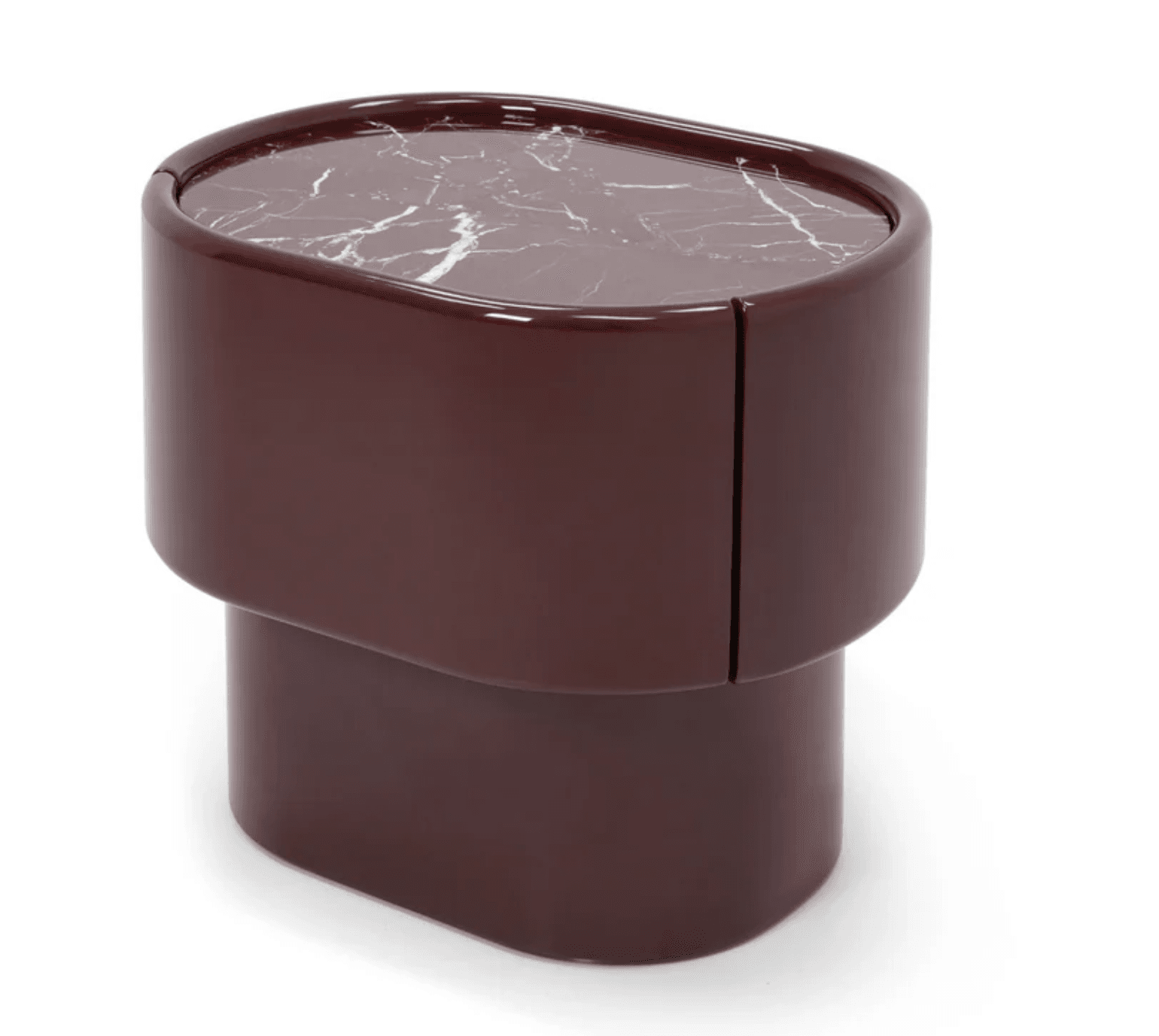 A contemporary pill-shaped nightstand featuring a high-gloss burgundy lacquered body and a natural marble top. The body appears to consist of two stacked, rounded sections with a subtle vertical seam, suggesting concealed storage likely accessed via rotating or sliding doors. — 3D model