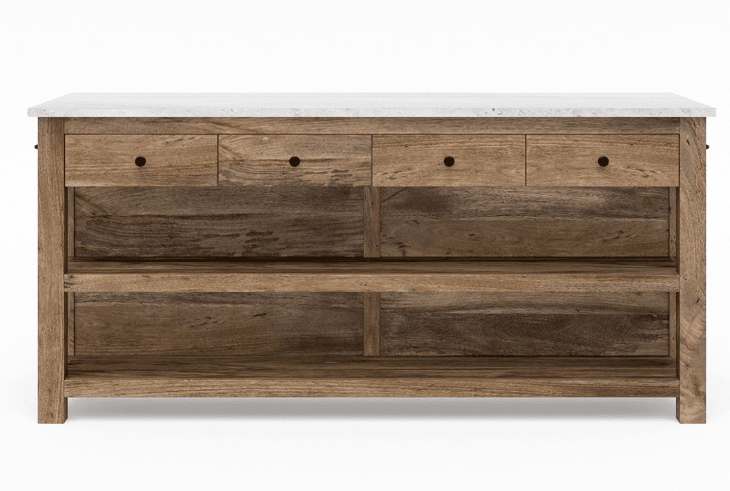 A rustic, rectangular serving console featuring a white marble or stone top, a light brown reclaimed wood frame, four small drawers with black knobs, and two open shelves below. — 3D model