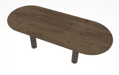 An oval-shaped dining or conference table featuring a dark brown wood grain top and four thick, cylindrical legs. The legs are distinguished by a repeating pattern of dark brown wood segments alternating with black or dark grey stripes, giving them a bold, decorative appearance. The table exhibits a contemporary design with a clean aesthetic, rendered against a plain white background. — 3D model