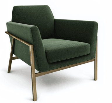 A contemporary armchair with dark green fabric upholstery and a polished gold-finished metal frame. The chair features a clean, geometric silhouette with padded armrests and a plush seat cushion. The exposed metal frame provides a minimalist and modern aesthetic. — 3D model