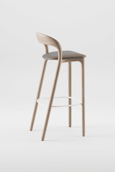 A modern bar stool crafted from dark brown wood, featuring a gently curved backrest and a round seat. It stands on four slender, splayed legs, connected by a circular black metal footrest ring. — 3D model