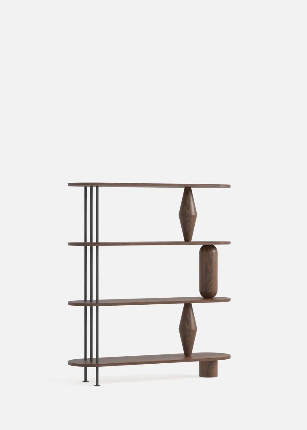 A contemporary shelving unit constructed from dark walnut wood and black metal. It features four shelves with rounded edges, supported by slender black vertical rods on one side and sculptural turned wooden elements—a tapered spindle and a cylinder—on the other, creating an asymmetrical and dynamic design. — 3D model