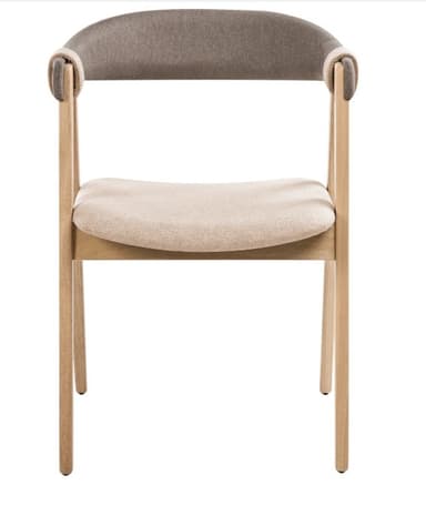 A contemporary armchair featuring a light-toned wooden frame and dual-tone fabric upholstery. The seat is a lighter beige, while the curved backrest is a slightly darker brown-grey. The backrest integrates with the frame, featuring a distinctive wrapped detail where the frame meets the backrest/armrest structure. The chair stands on four simple, slightly tapered wooden legs. — 3D model