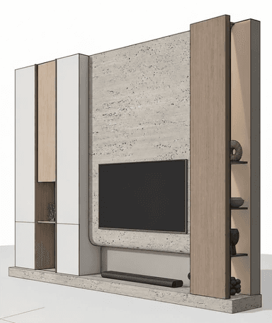 A contemporary wall-mounted media console unit featuring a multi-material design. It includes a central recess for a television and soundbar, flanked by a combination of closed cabinet storage with white lacquered fronts and open display shelving integrated into light wood veneer panels. The main back panel and base appear to be a textured light-colored stone or concrete material. — 3D model