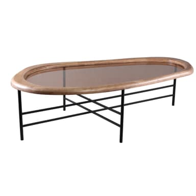 An oval coffee table featuring a smoked glass top inset into a rounded wooden frame. The frame is supported by a minimalist base constructed from thin, black metal legs arranged in an 'X' shape, providing a contrast to the natural wood and glass elements. — 3D model