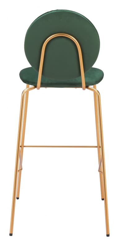 A modern bar stool with a velvet upholstered seat and backrest. The seat is circular and padded, while the backrest is a larger, vertically oriented circle. It is supported by four slender, angled legs made of metal, which are connected by a horizontal footrest. — 3D model