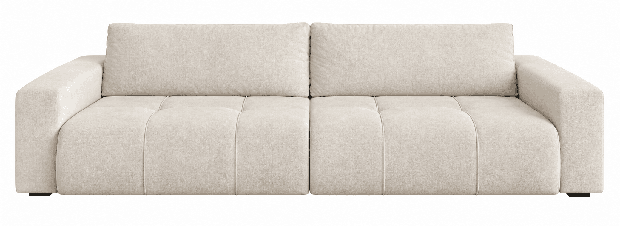 A modern two-seater sofa upholstered in a light beige or cream textured fabric. It features clean lines, block-style armrests, and a low profile. The seat cushions display a subtle tufted appearance with stitched channels, while the back cushions are loose and rectangular. — 3D model