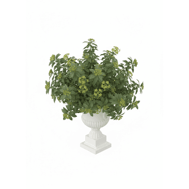 A decorative faux botanical arrangement featuring green foliage with small berries, set within a white, neoclassical-style urn. The urn has a classical fluted body and rests on a square stepped base. — 3D model
