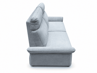 A light blue, contemporary three-seater sofa featuring plush upholstered cushions, integrated adjustable headrests, and rounded armrests, presented with a clean, solid base. — 3D model