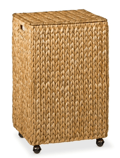 A tall, rectangular storage hamper crafted from tightly woven natural water hyacinth, featuring a flat, removable lid and four dark-finished caster wheels for mobility. — 3D model
