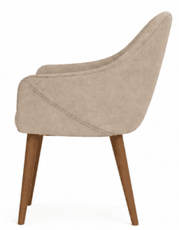 A contemporary upholstered armchair with a light beige fabric finish and four tapered wooden legs. — 3D model