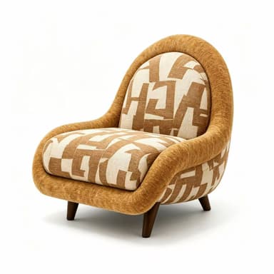 A modern upholstered accent lounge chair with a compact, rounded silhouette, featuring a solid textured outer fabric and a contrasting geometric pattern on the inner cushions, supported by splayed wooden legs. — 3D model